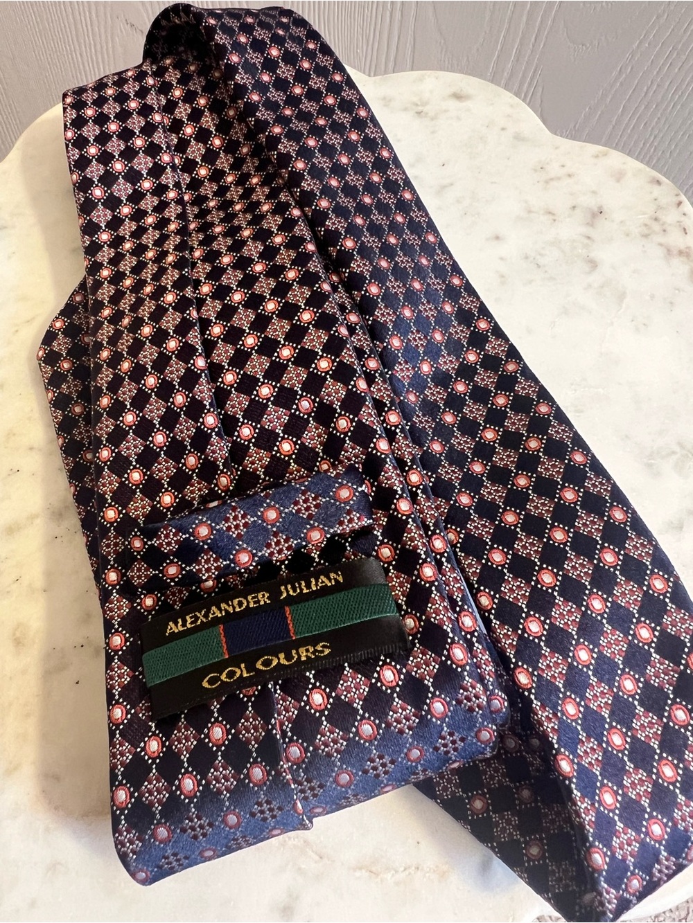 Alexander Julian Silk Black Tie with Red Geometric Medallions - Picture 3 of 5